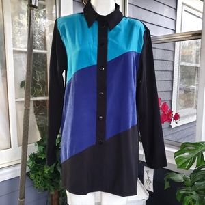 New With Tag Tanjay Light Blue Purple Black Buttons Down Tunic Top Shirt Size 12